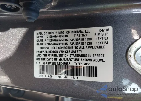 2018 Honda Cr-V Ex-L/Ex-L Navi из США, поврежденный, VIN 7FARW2H83JE048952